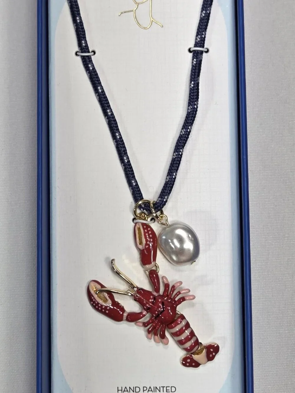 NWT Piper K Red Lobster Pendant Pearl Charm Navy Cord Necklace Nautical NIB NEW